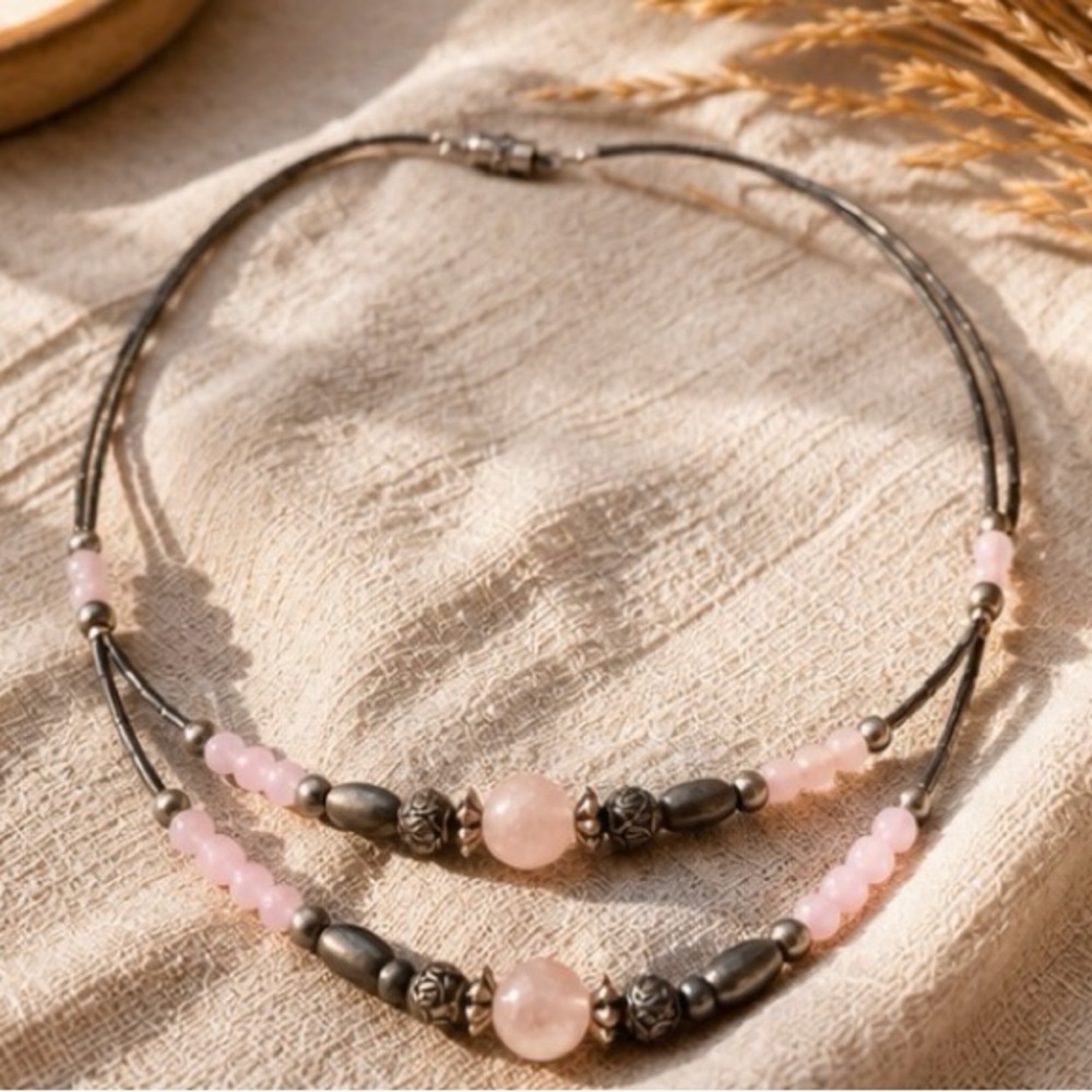 Vintage Artisan Double Strand Rose Quartz Necklace
